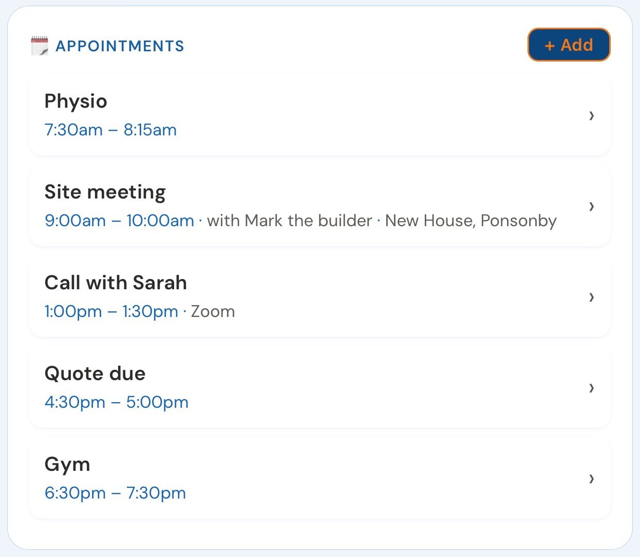 A day’s appointments, in time order