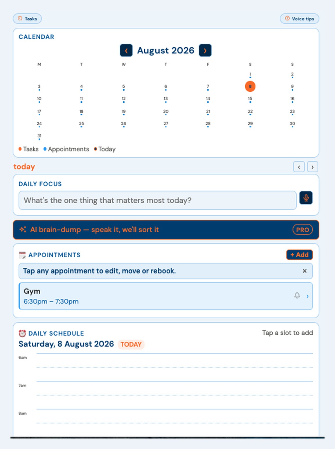 The daily page — calendar, focus, appointments and the schedule