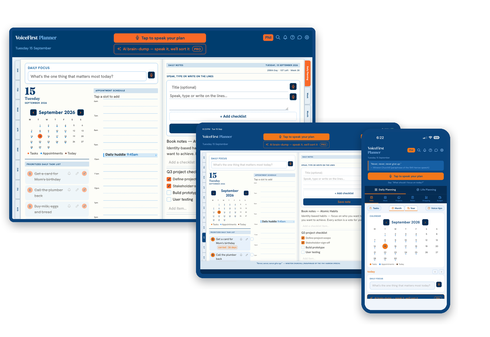 The planner on a desktop, an iPad and an iPhone, showing the same day