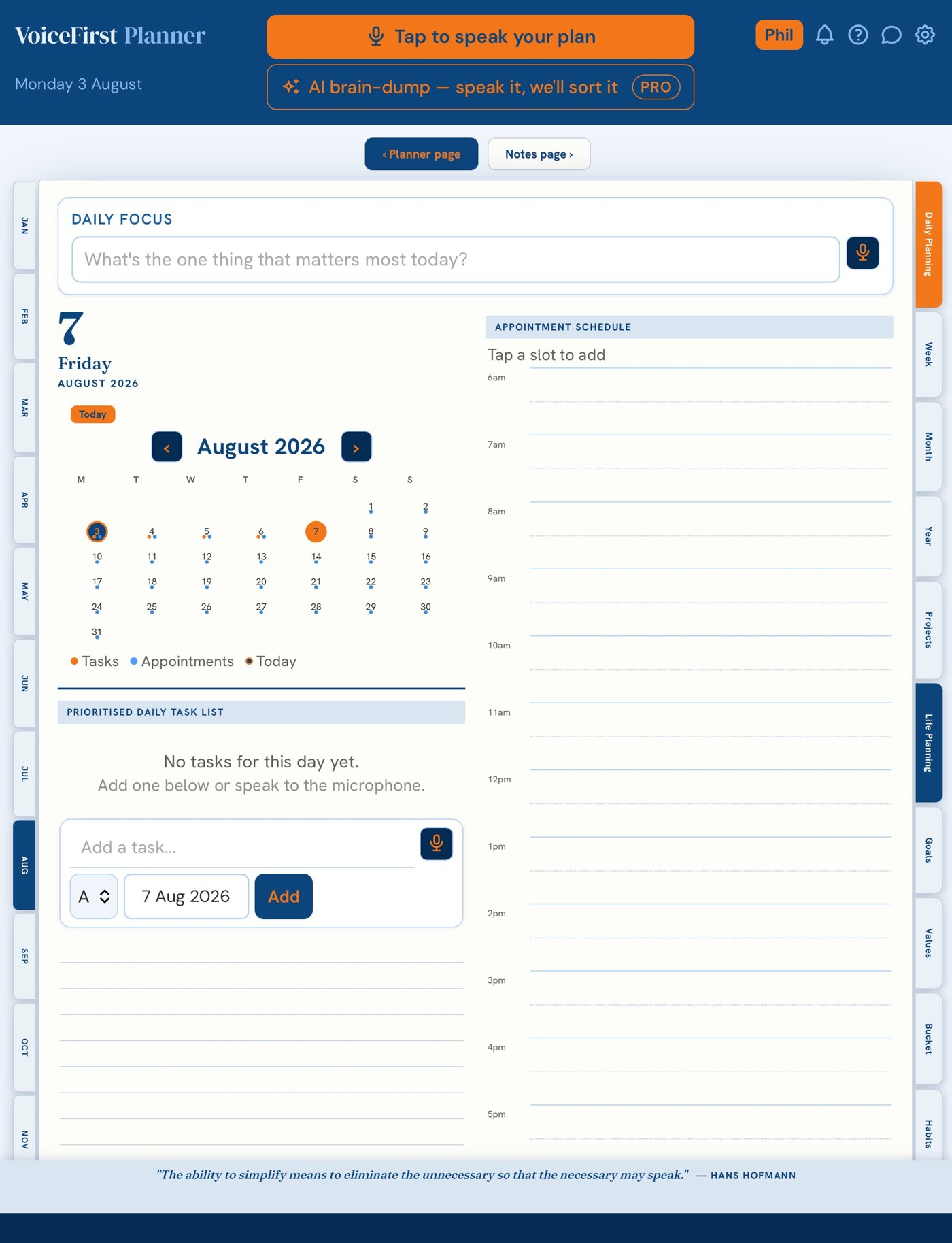 Planner view in portrait — the left page