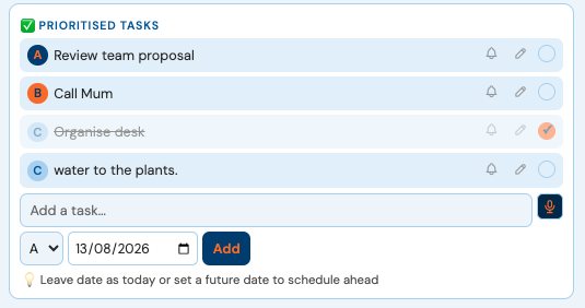 The task list sorted into three bands