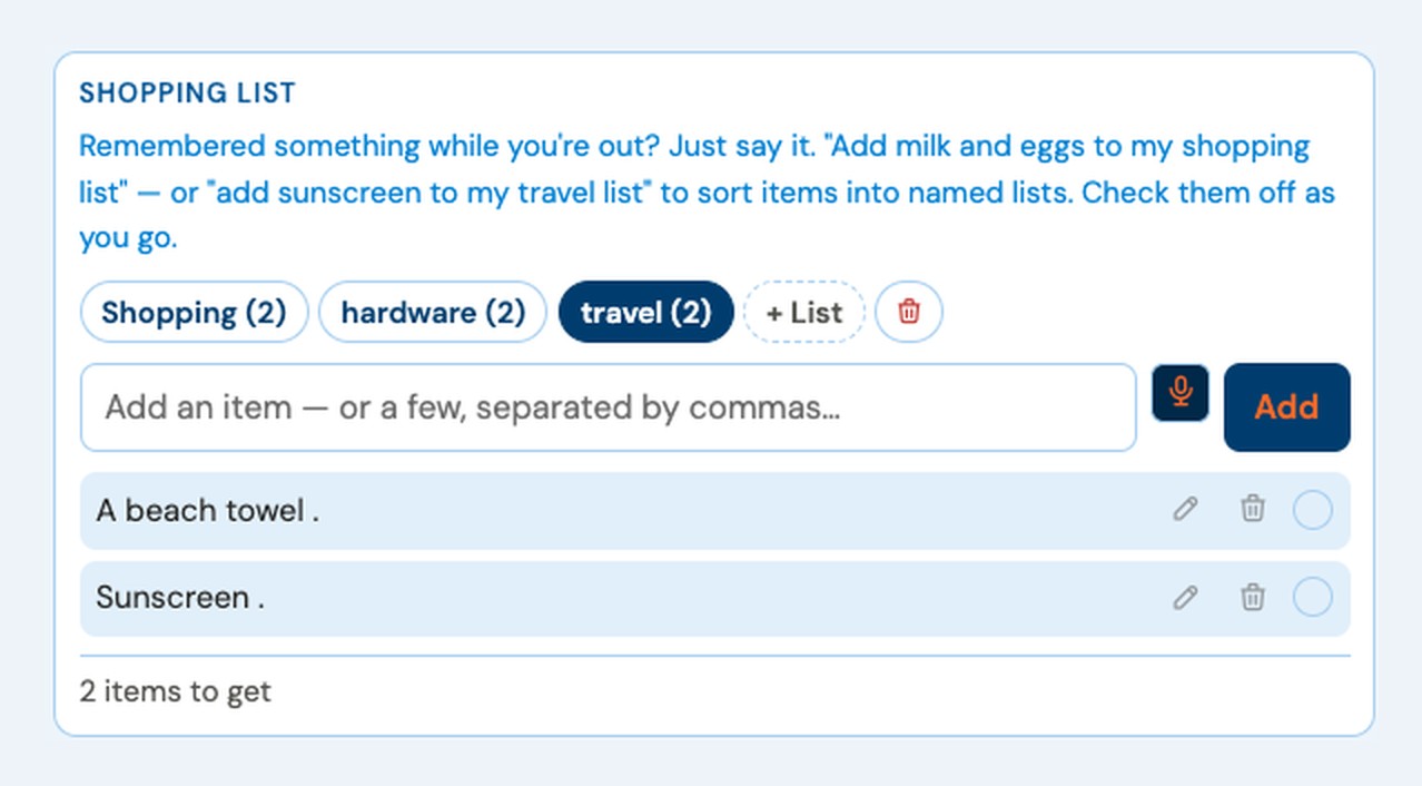 The travel list selected, showing sunscreen and a beach towel
